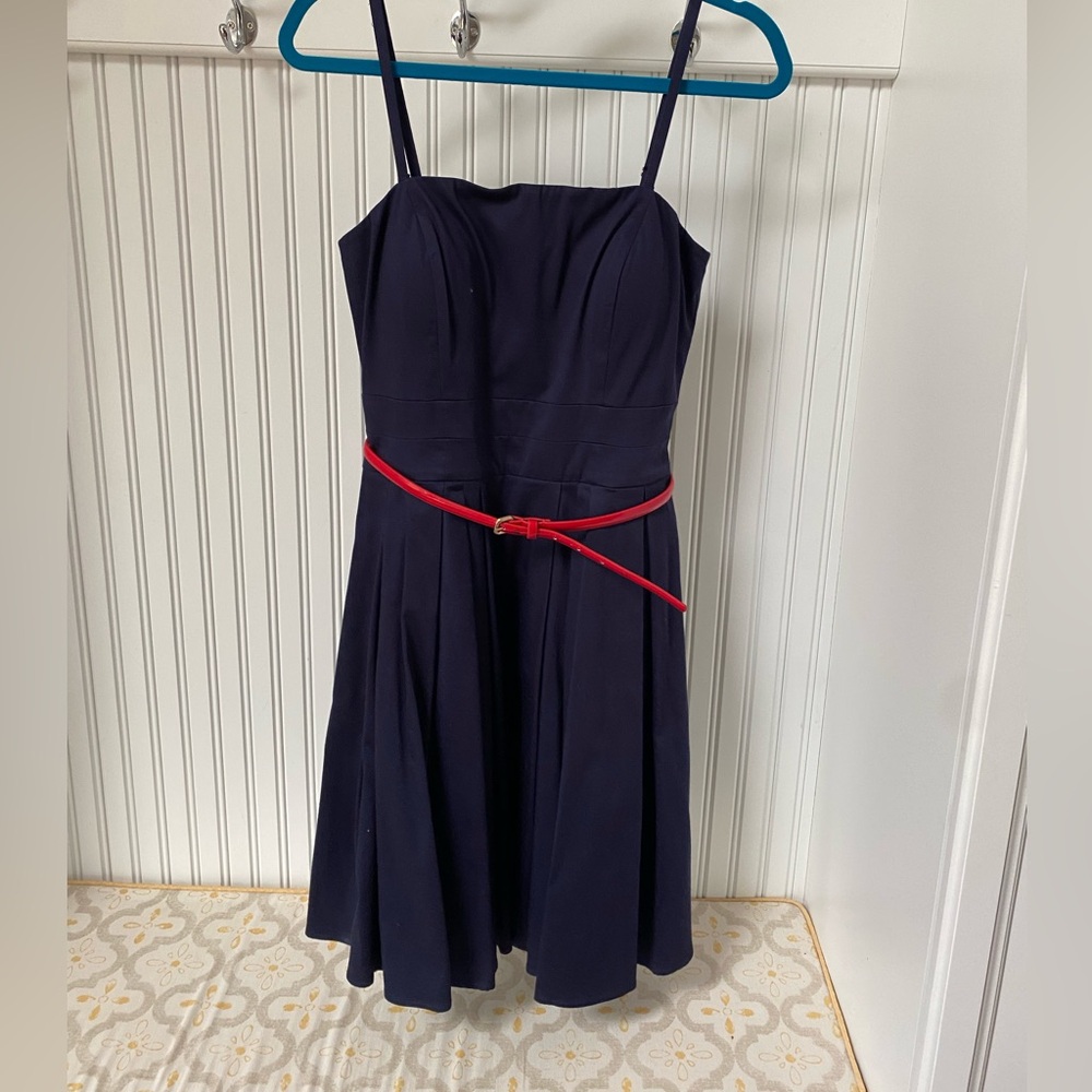 Calvin Klein Navy Blue Dress with Red Belt. Classic style.